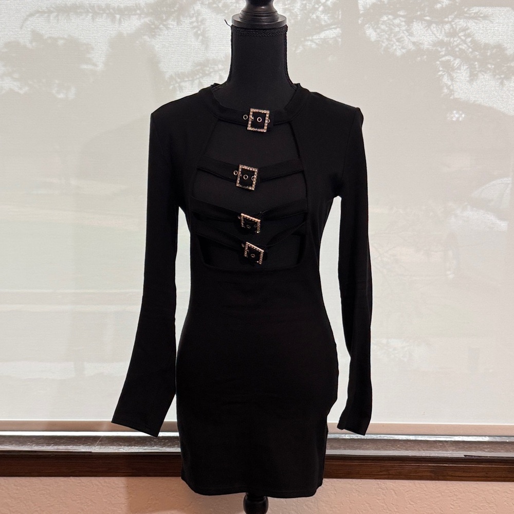 AKIRA Black Mini Dress with Buckle Details